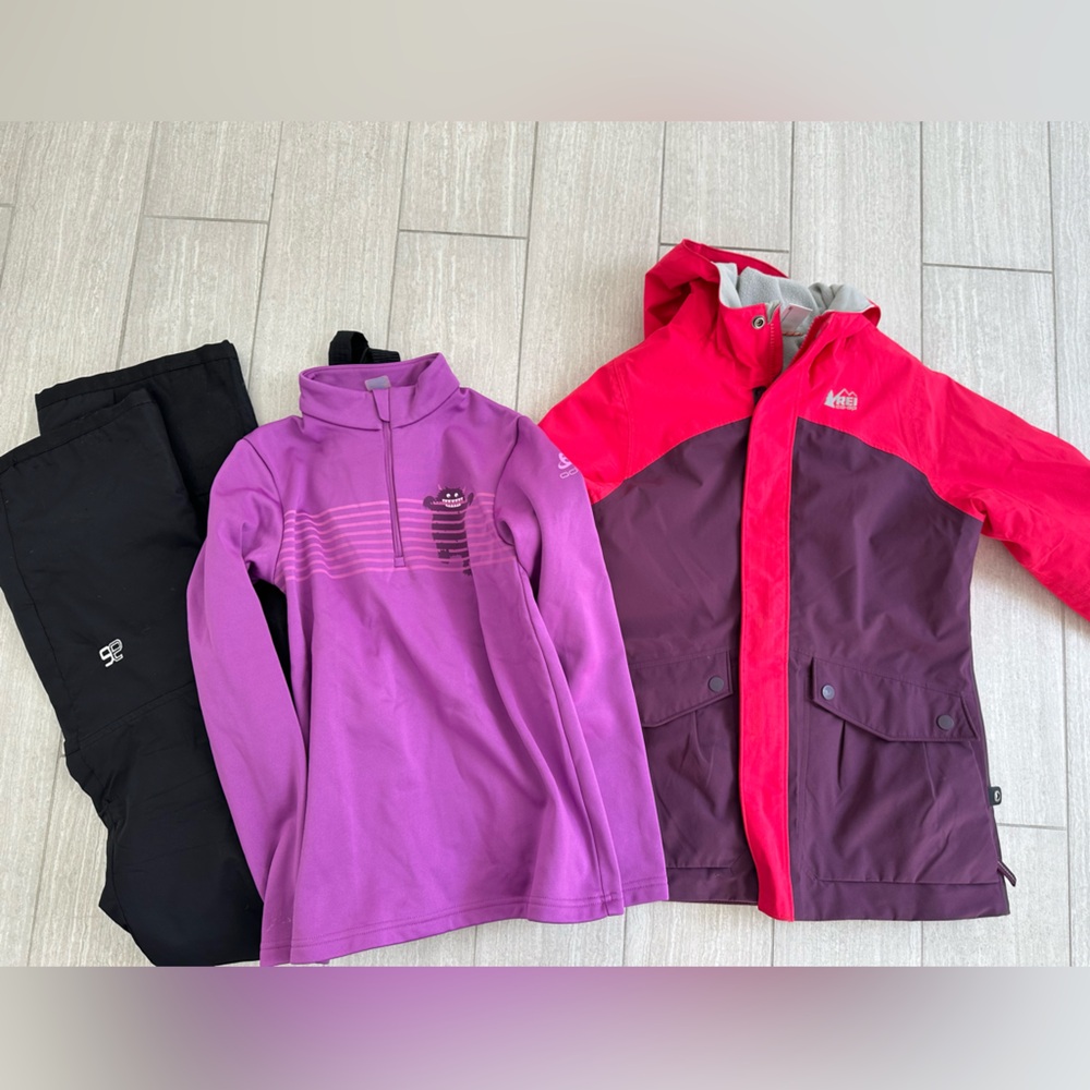 REI Girls' pink jacket, 3/4 zip layer and bib ski pants black size 12